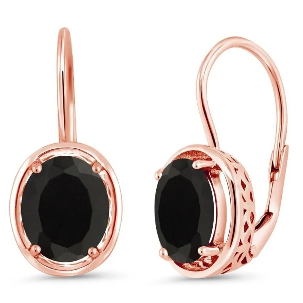 18K Rose Gold 925 with 4.00 Cttw Black Onyx Oval Leverback Drop Earrings